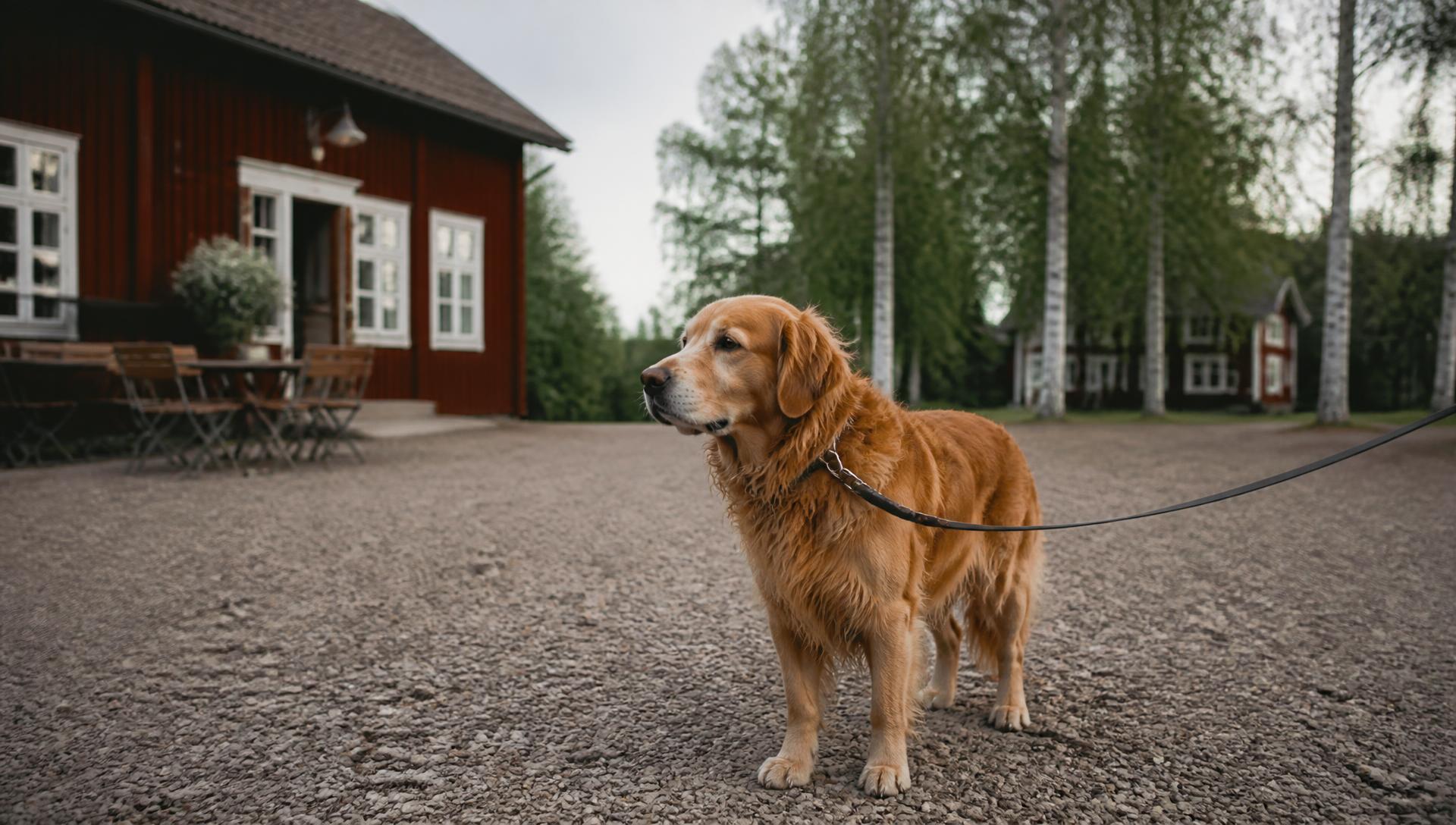 Hund på gården utanför Värdshuset Flottaren i Vansbro — hundvänligt boende i markplan.