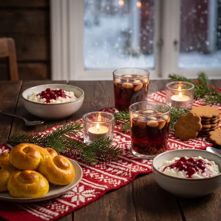 Illustration av glögg och dessert i julmiljö