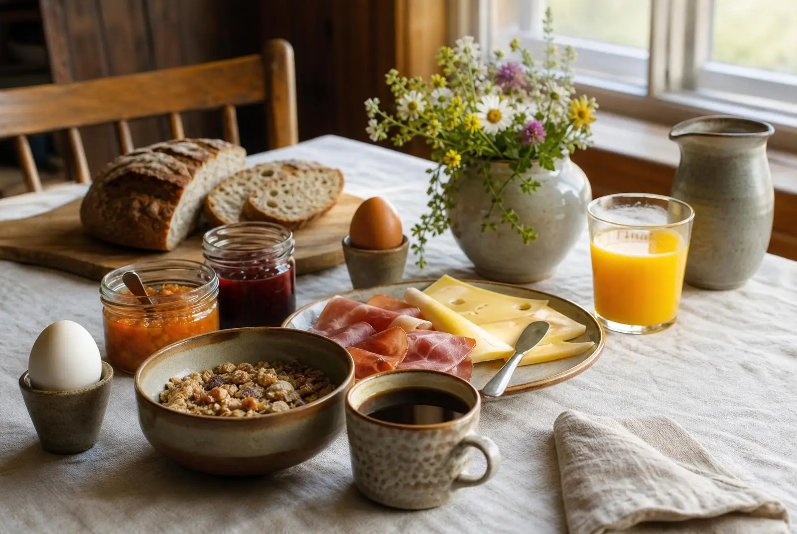 Frukost på Flottaren — gröt, ägg, bröd och kaffe.