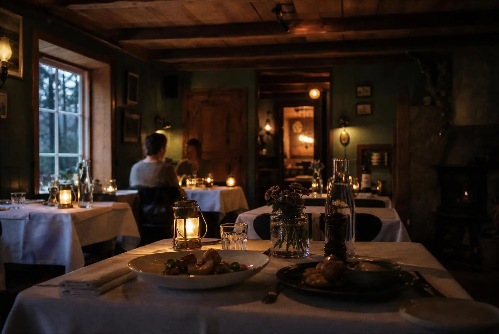 Restaurangens interiör med bord dukade för kvällen.