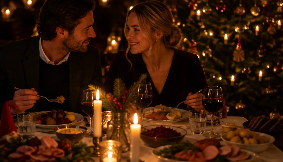 Par vid julbordet, levande ljus och julgran i varm kvällsstämning